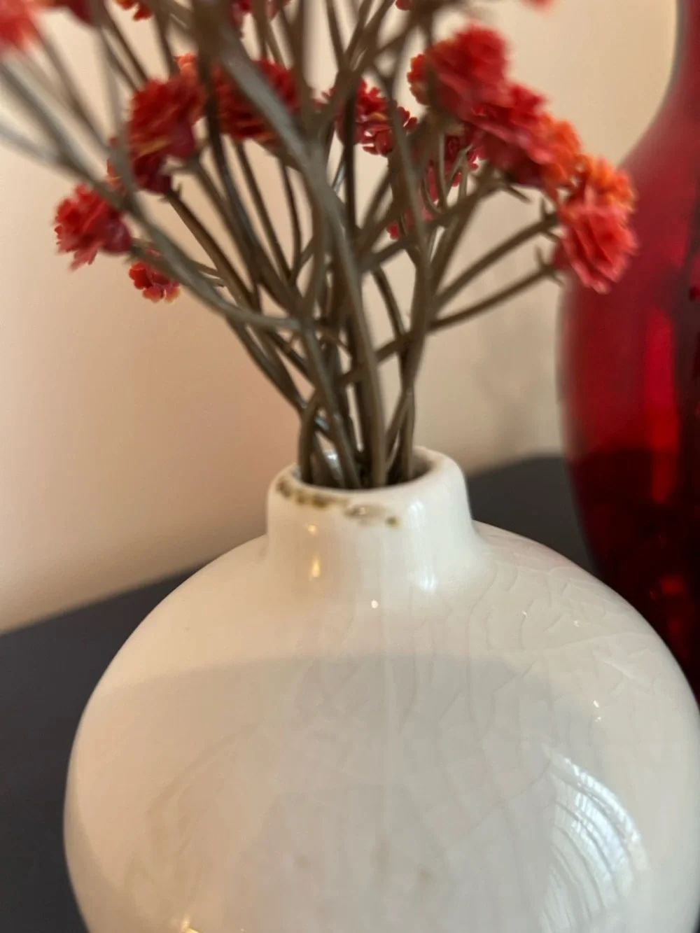 Red and White Tabletop decor Dried floral shelf decor Red vase faux cattails.